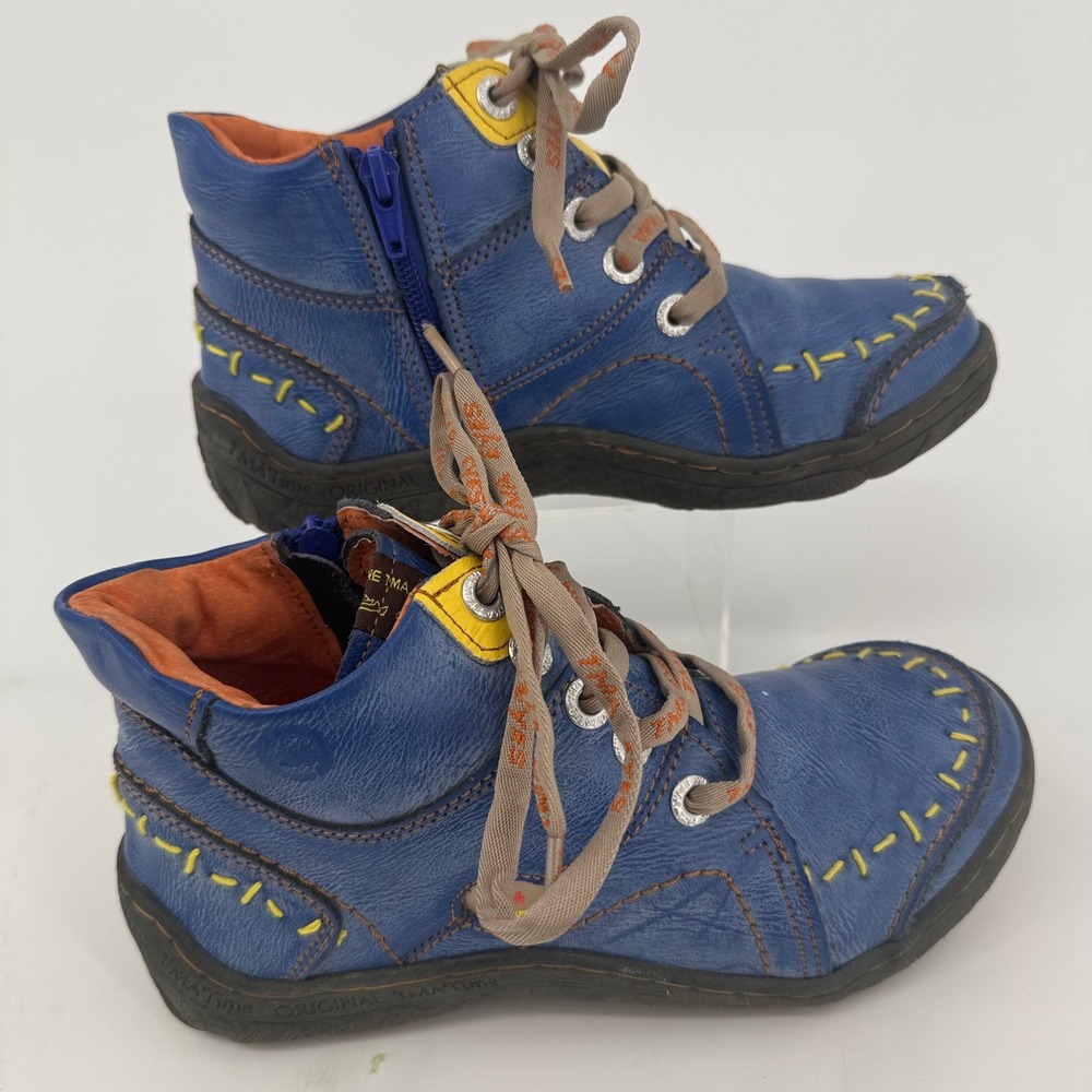 TMA Eyes Blue Leather Ankle Boots Women 37 US 7 Yellow Stitching Side Zip Flat